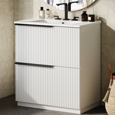 Meuble-lavabo blanc de 30 po avec conception cannelée, glissière de tiroir lisse et cuve de déversement de teinte, lavabo intégré, glissières à fermeture en douceur