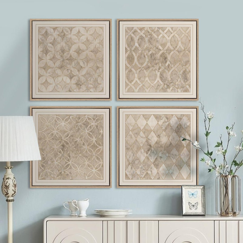 Ensemble de 4 reproductions d'art sur toile encadrées en mosaïque de marbre beige, Naturel, H 16 po x l 16 po