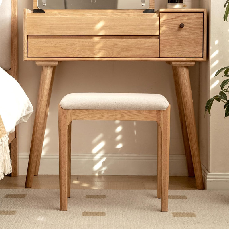 Tabouret de coiffeuse moderne en chêne massif avec siège rembourré en lin, Chêne naturel, Cream