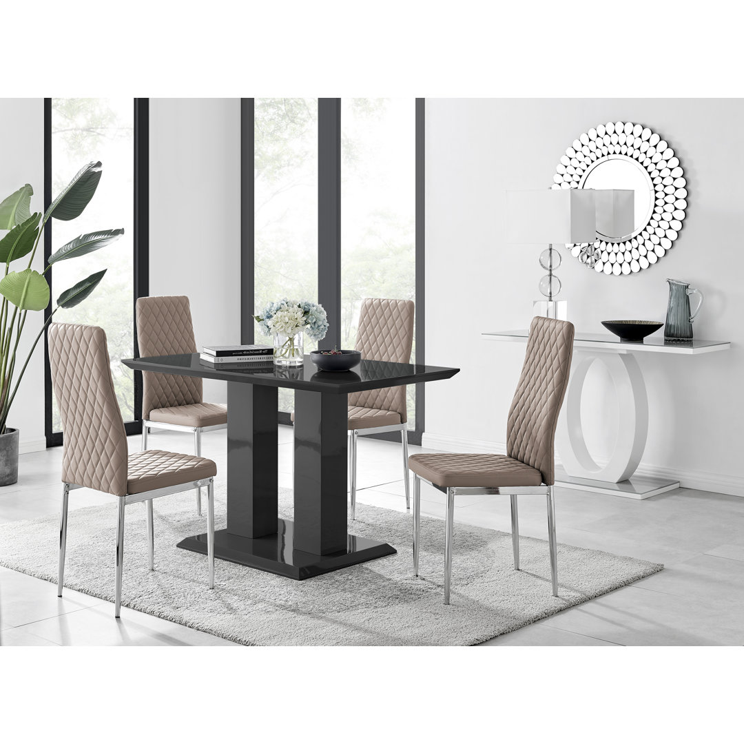 Eubanks Double Pedestal High Gloss Dining Table Set with 4 Luxury Faux Leather Dining Chairs