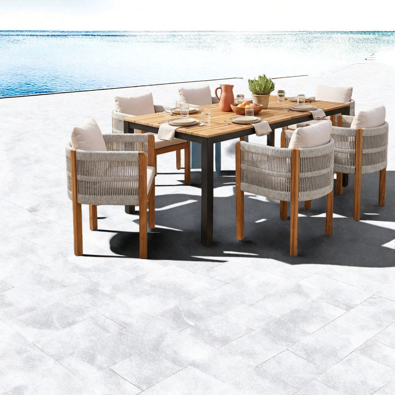 Grands ensembles de salle à manger de patio modernes, chaises en corde de bois d'acacia 7 pièces pour la cour