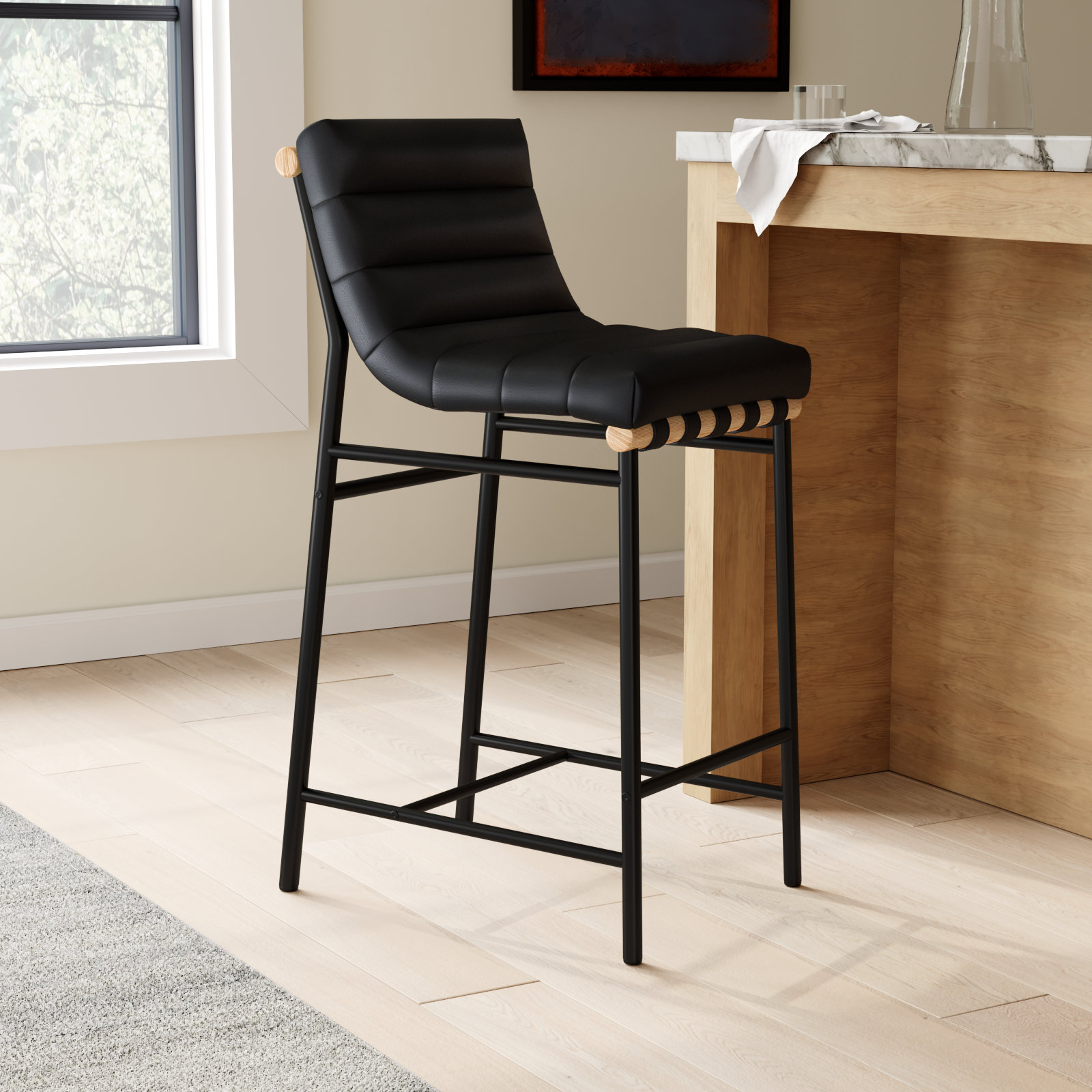 Bar Stool, Black Faux Leather, Counter Stool (26.4" Seat Height)