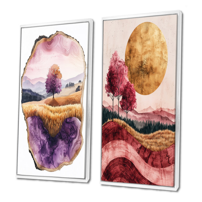 «Farm Charm Meadow with Lavender Ink Field Landscape III», collection d'art mural 2 pièces, H 40 po x l 41 po