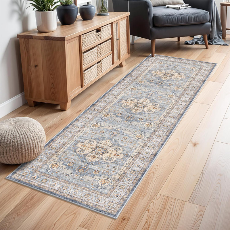 Washable Hallway Rug: Non Slip Rugs with Rubber Backing Soft Kitchen Rug Farmhouse Distressed Carpet for Living Room Bedroom Bathroom (Blue)