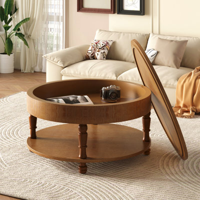 Table basse avec rangement double pour le salon, table basse ronde moderne de 31,5 po avec rangement et compartiment caché, pieds de nivellement réglables, assemblage facile (noyer)