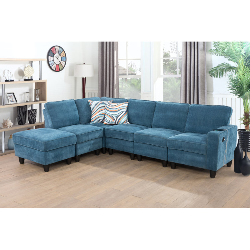 Upholstered L-Shaped Sectional Left Hand Facing, Sea Blue Polyester Blend