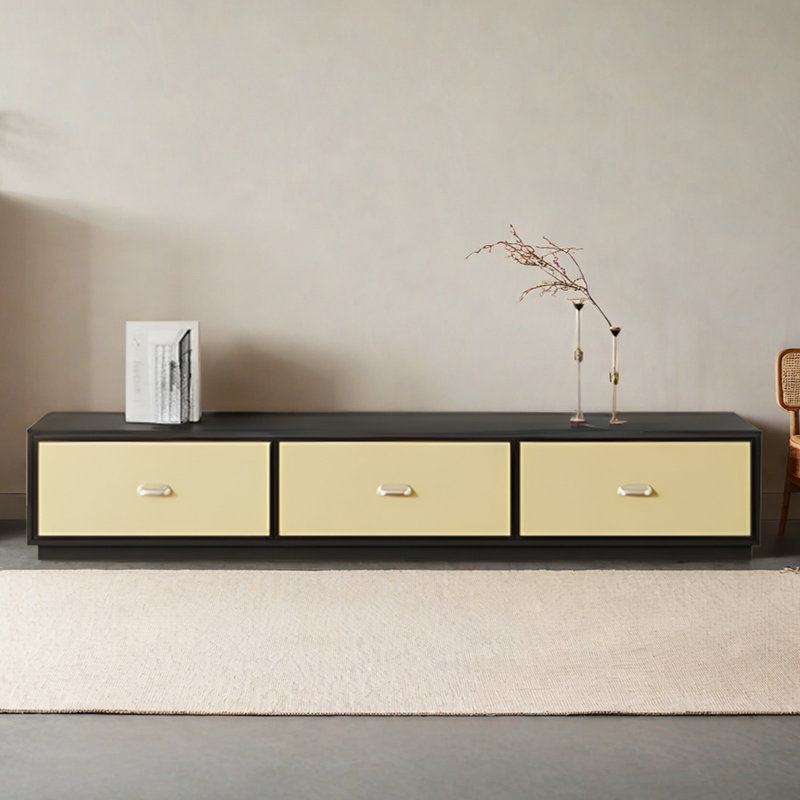 Meuble télé en bois de style rétro avec fond fermé, H 15,75 po x L 86,61 po x l 15,75 po, Noir / Jaune