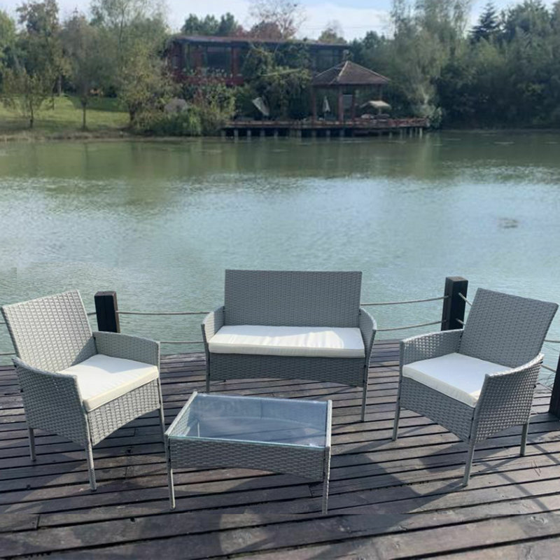 Lavedan Rattan 4 - Person Sofa Set with Cushions, Grey, Grey