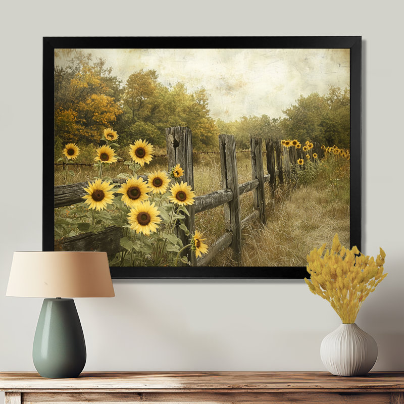 Dortley tournesols le long de la clôture de grange III - tournesols, art mural, Reproduction encadrée d'une seule photo