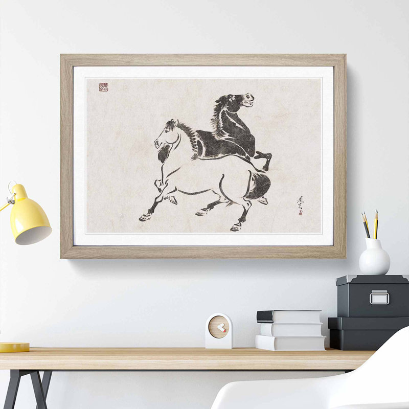 Two Horses by Shibata Zeshin - Picture Frame Painting Print, 36cm H x 48cm W x 2cm D, Oak Framed
