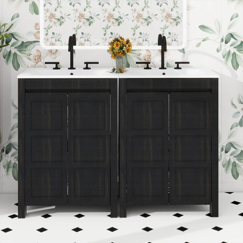 Ensemble de meuble-lavabo 48 po avec lavabos doubles, armoire en bois massif de style transitionnel et panneau de fibres à densité moyenne, rangement spacieux avec portes à fermeture en douceur
