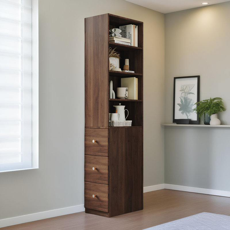 Vitrine de rangement autoportante avec tiroirs latéraux et tablettes à 4 niveaux, Noyer
