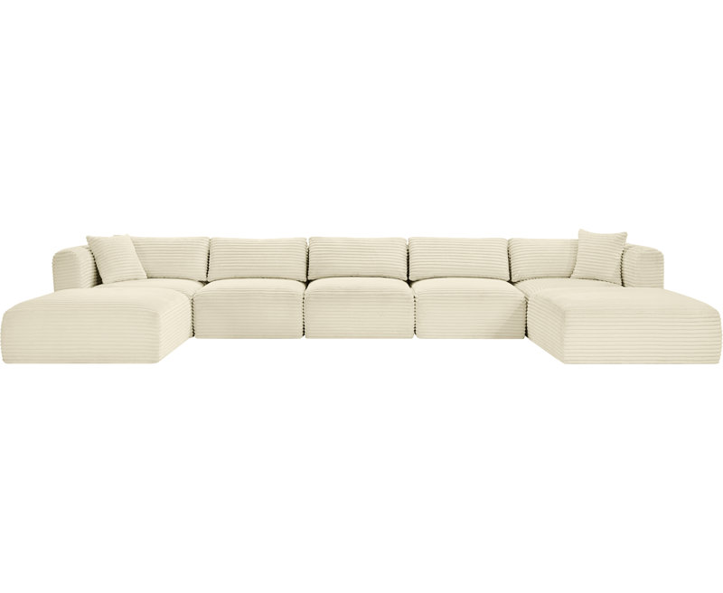 Canapé modulaire Carmean, Velours côtelé texturé crème, 3 sans accoudoirs, 2 en coin, 2 repose-pieds