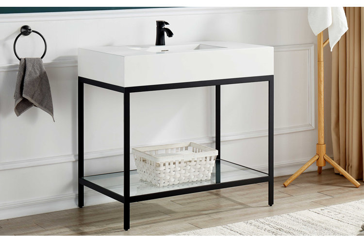 console sink with black metal legs and a shelf on the bottom
