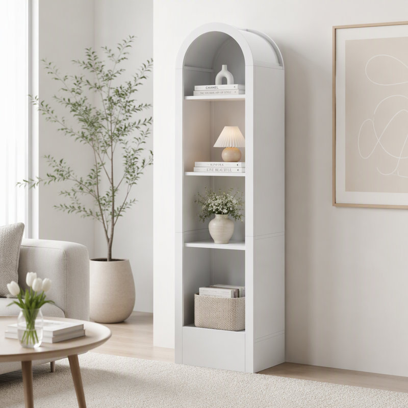 Petite bibliothèque arquée de 67 po à 5 niveaux avec tablette de rangement ouverte Mid-Century, Blanc
