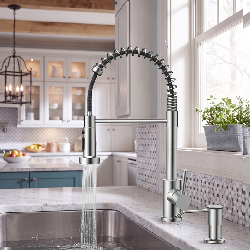 Forious® Ultra Pull Down Single Handle Kitchen Faucet with Soap Dispenser, Brushed Nickel