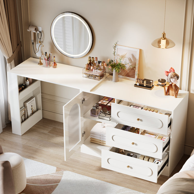 Modern Corner Vanity Desk with Storage, L-Shaped Makeup Vanity with Rotating Tabletop & Cabinet, White