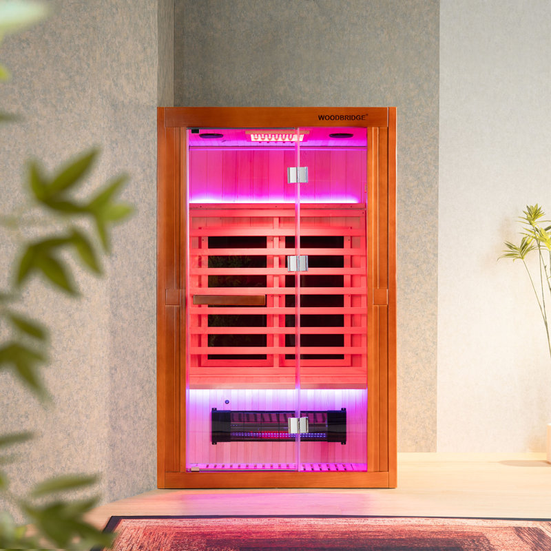 2-Person Indoor FAR Infrared Sauna Crafted from Japanese Cedar with Red Light Therapy, Bluetooth Speaker, Smart Control Panel & Chromotherapy Lighting