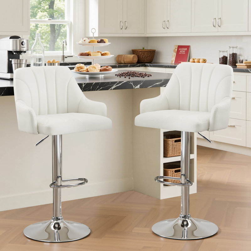 Ensemble de 2 tabourets de bar George, tabourets de bar pivotants réglables, chaises de bar en similicuir, tabouret à hauteur de comptoir rembourrée avec dossier haut pour îlot de cuisine, blanc
