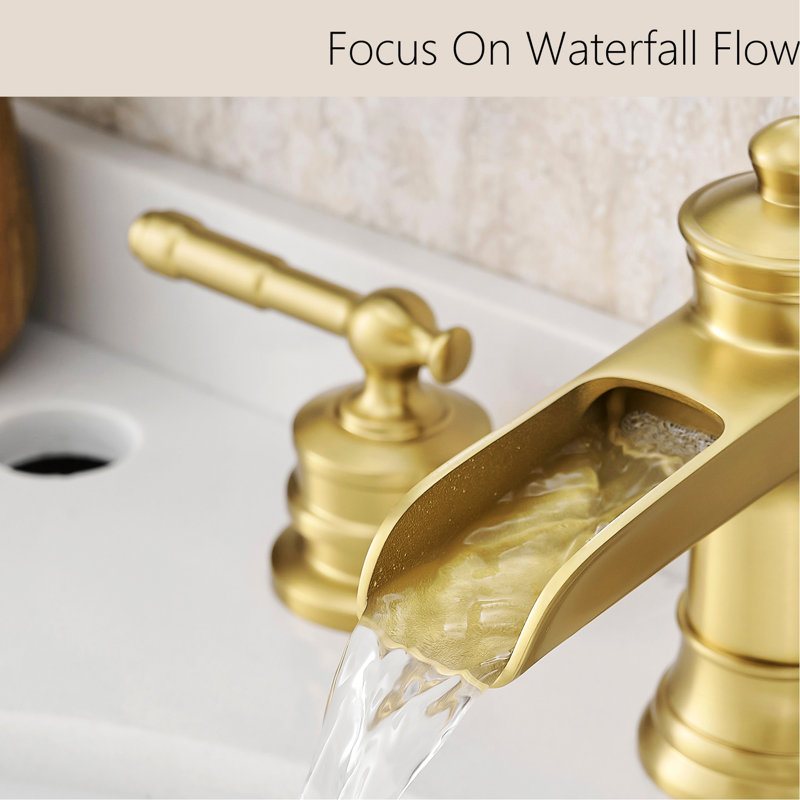 Brushed Gold 8 Inch Widespread Bathroom Sink Faucet, 3 Hole Basin Mixer Tap With Hose, Double Lever Handle, Ceramic Cartridge, Side , Deck-Mounted Faucet Contemporary In Gold, Installation