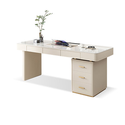 White Rectangular Sintered Stone Executive desk with drawers desk