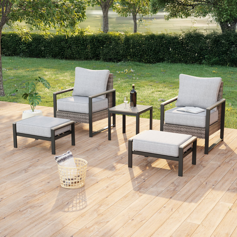 Ensemble de patio en rotin 5 pièces, fauteuil en osier résistant aux intempéries avec coussin amovible et structure robuste