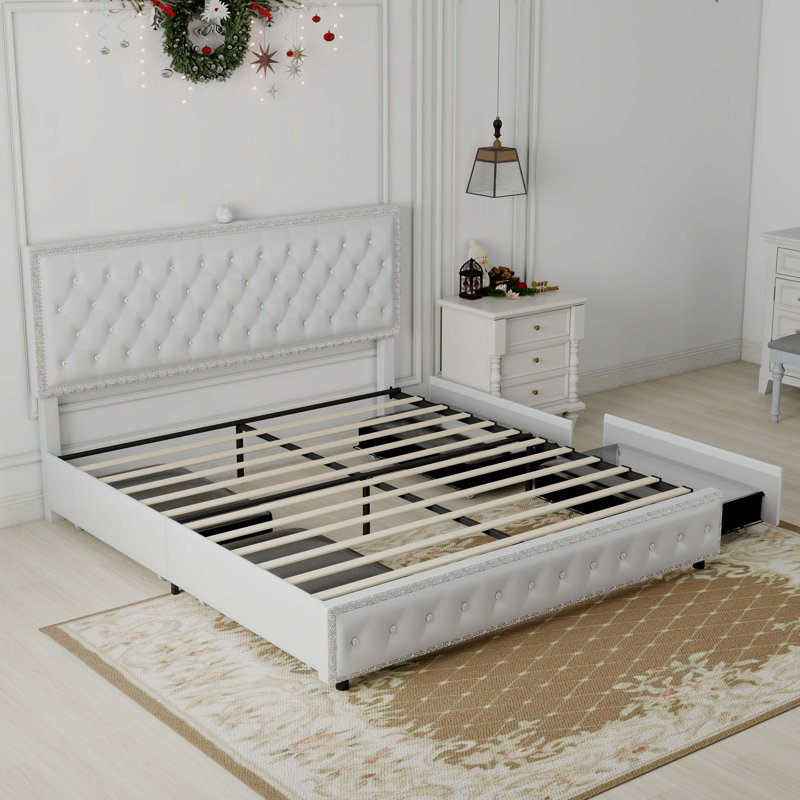 Upholstered Platform Storage Bed Frame With Galaxy Projector, 4 Dustproof Storage Drawers, Adjustable Vintage Nailhead Trim Headboard