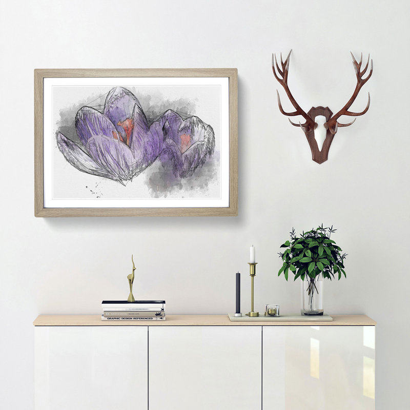 Purple Crocus Flower Sketch - Picture Frame Graphic Art Print, Oak Framed, 45cm H x 63cm W x 2cm D