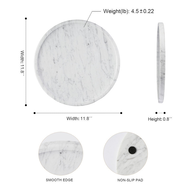 Guein 12” Round Natural Marble Tray, Bianco Carrara
