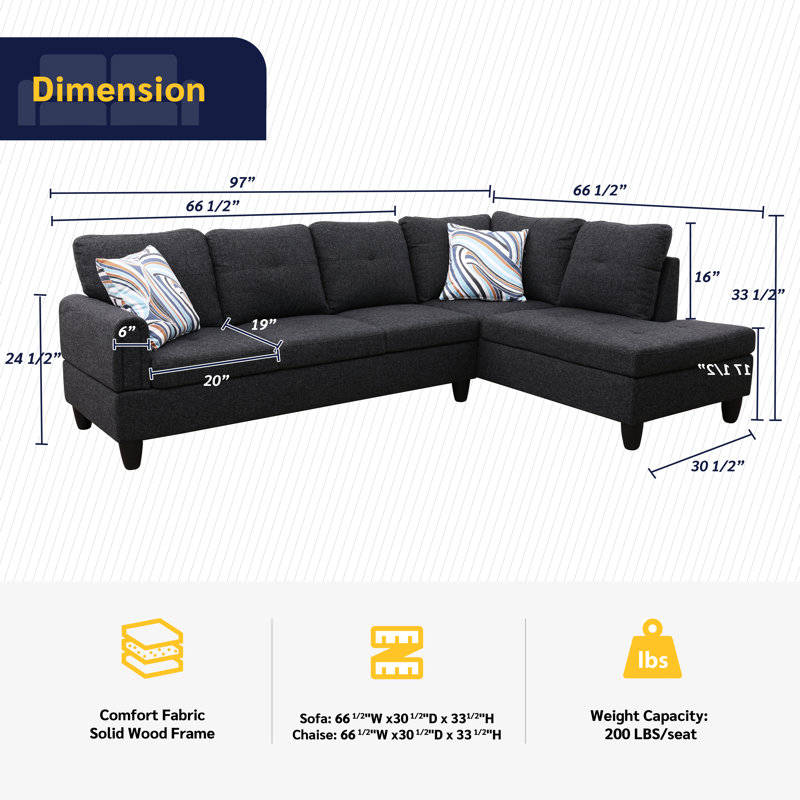 Anabrenda Upholstered L-Shaped Sectional, Right Hand Facing, Black Gray Linen Blend