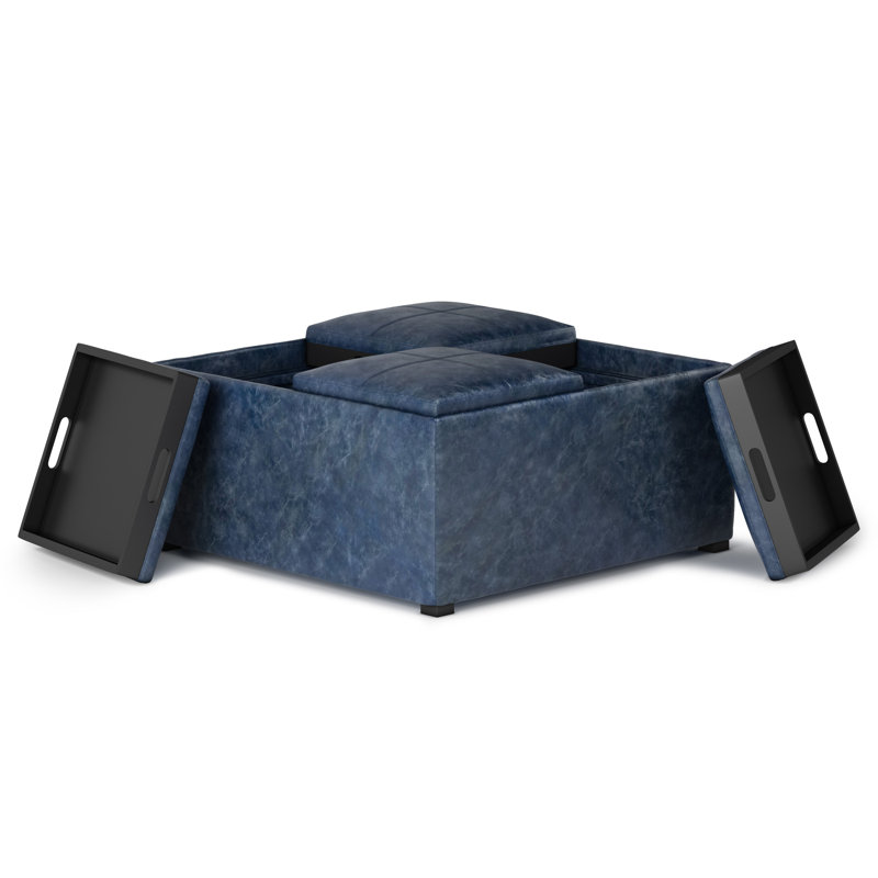 Avalon Denim Blue Square Storage Ottoman with Flip Trays