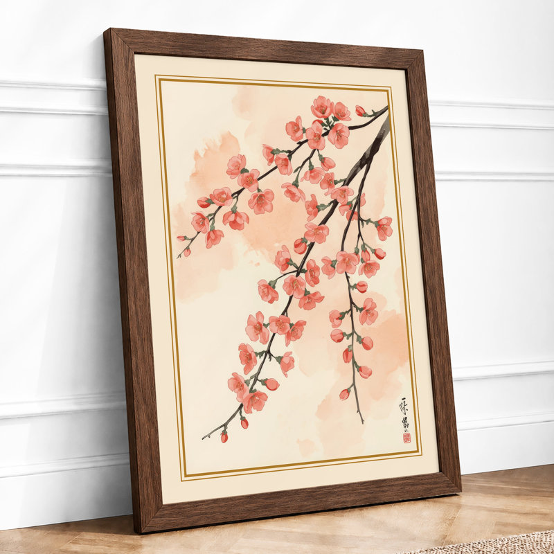 Cherry Blossom Branch Japandi - Framed Print, A2 - 59.4 x 42.0 cm, Walnut