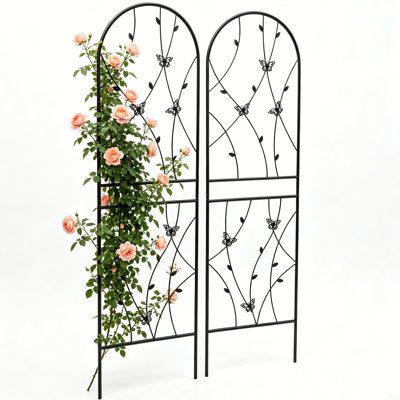 Ensemble de 2 treillis de jardin en métal 70 po x 19 po - Treillis d'extérieur robuste antirouille pour plantes grimpantes, support de fleurs thermolaqué noir avec décoration papillon pour vignes, roses, concombres, haricots