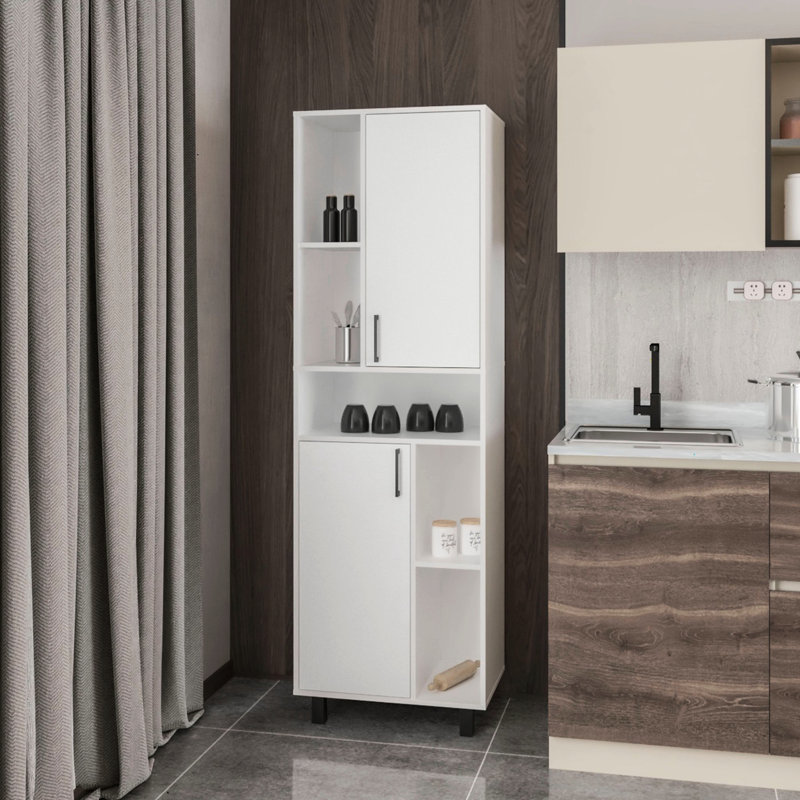 Open Storage And 2 - Door White Kitchen Pantry, Metal Legs, Versatile For Decor Organization, 44H X 28.25W 28.25D Inches, Particle Board Pantry With Doors Storage, Sleek Contemporary Look Ideal