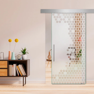 Porte de grange coulissante en verre sans cadre avec motif décoratif sablé givré + ensemble de quincaillerie (semi-privé)