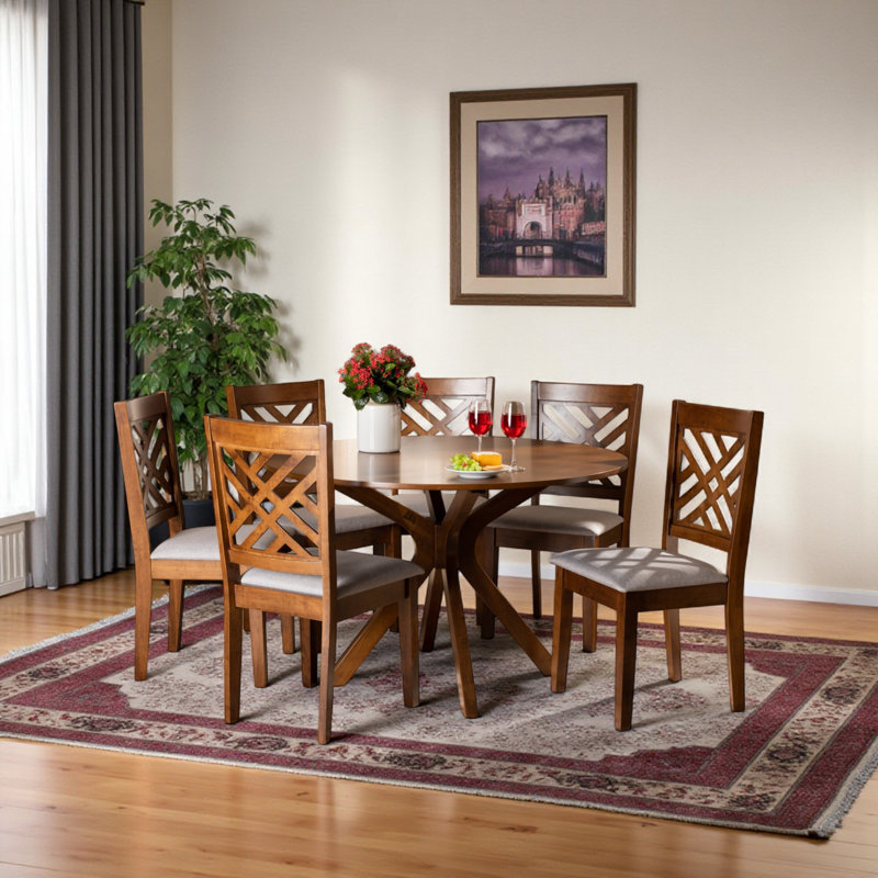 Ashlyn 7-Piece Gray Fabric Upholstered & Brown Finish Dining Set, 29.77" H X 44.67" W X 44.67" D, Walnut Brown
