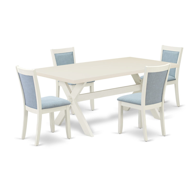 5 Piece Dinette Set Includes a Rectangle Dining Room Table with X-Legs and 4 Dark Gotham Grey Linen Fabric Upholstered Chairs, Wire Brushed Black Finish