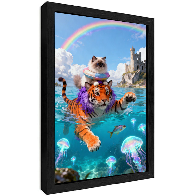Art encadré noir «Un chat chevauche un tigre à travers la mer», reproductions d'art encadrées, H 25 po x l 17 po