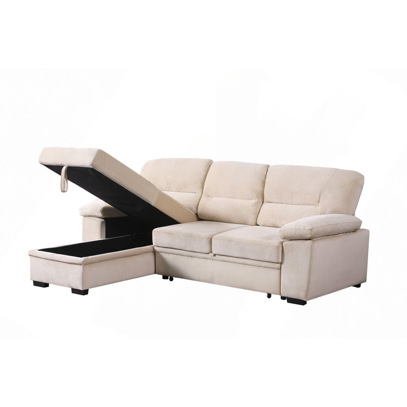 Sectional Sofa, 97.5" Velvet Fabric Reversible Sleeper Sectional Sofa Chaise, Beige
