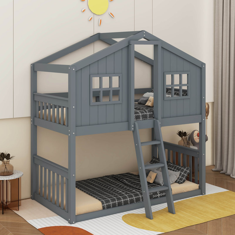 Twin Over Twin House Bunk Bed With Ladder, Gray