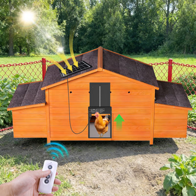 Poulailler automatique avec porte à énergie solaire, conception résistante aux intempéries, ventilée, avec 2 nichoirs, minuterie et capteur de lumière - poulailler extérieur durable avec plateau coulissant pour un nettoyage facile