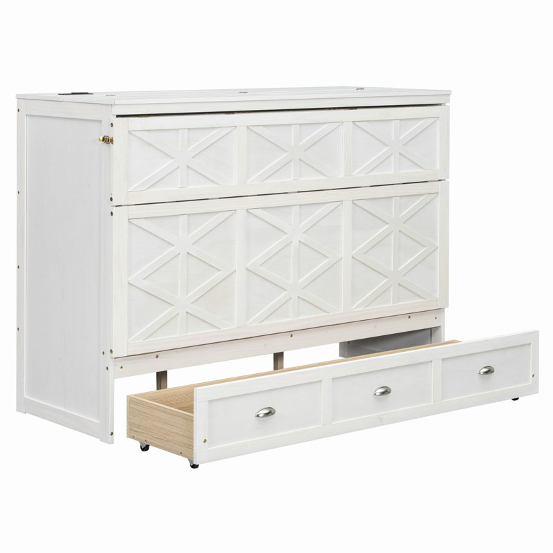 Lit escamotable avec grands tiroirs et port USB, Blanc