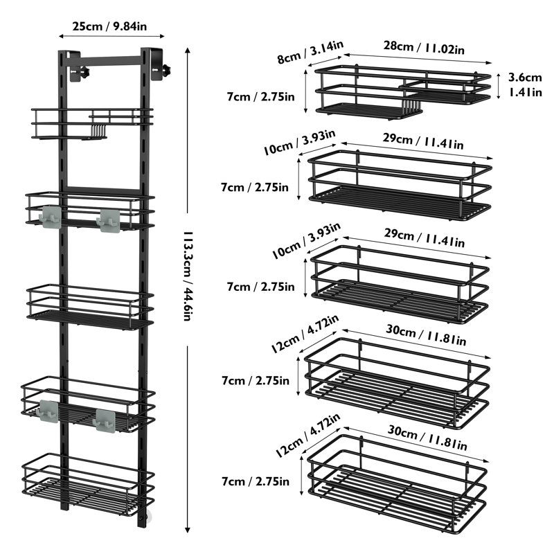 Over The Door Shower Caddy Pantry Organizer Rack With Reliable Hooks, Sturdy Hanging Shower Organizer Shelf Basket Storage Rack, Bathroom Shelves Drill Free, Black 5 Tier