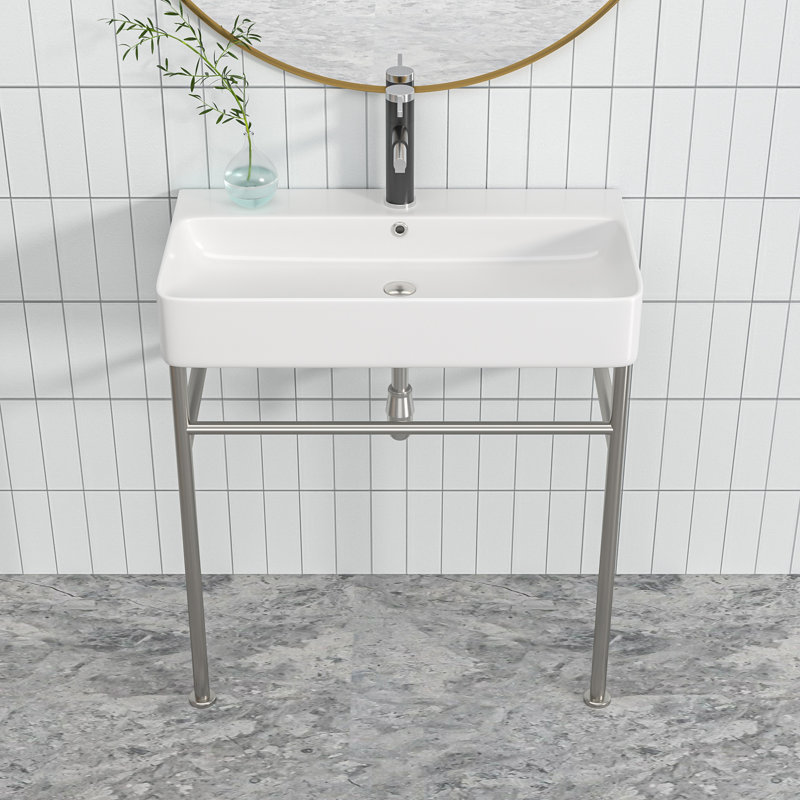Lavabo de salle de bain console en céramique avec trop-plein, Blanc / argent