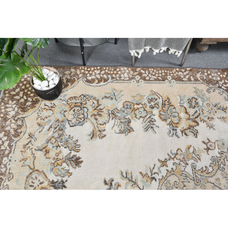 Tapis turc antique authentique fabriqué à la main en laine, idéal pour décorer le salon brun / beige