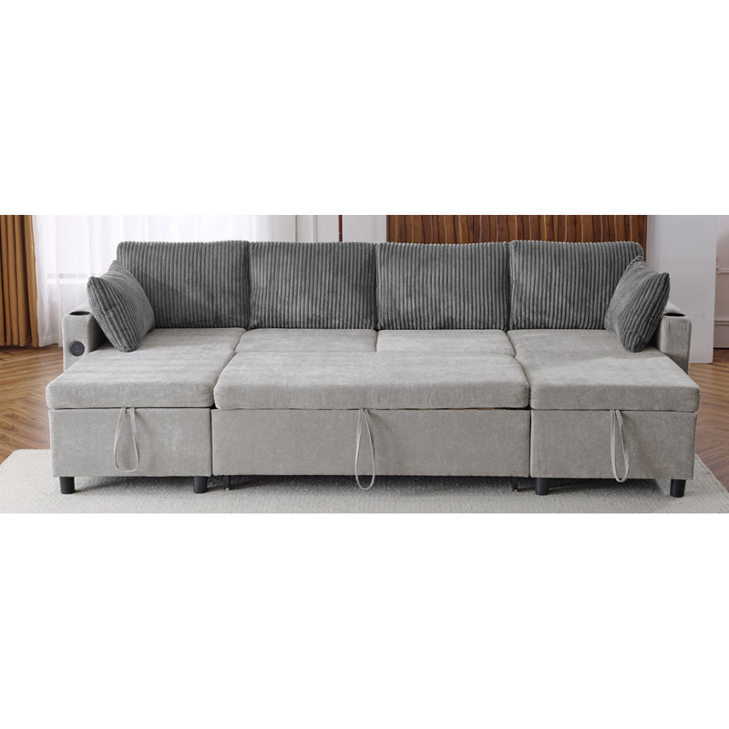  Canapé-lit modulaire escamotable avec grand espace de rangement, deux ports USB et deux porte-gobelets pour le salon, Gris