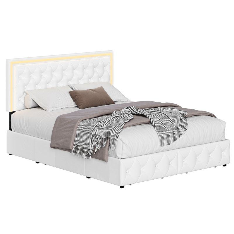 Athanasius Modern LED Platform Bed, PU Upholstered Bed with Storage Drawers, RGB Lighting & Music Sync, Adjustable Headboard, No Box Spring Needed, Easy Assembly