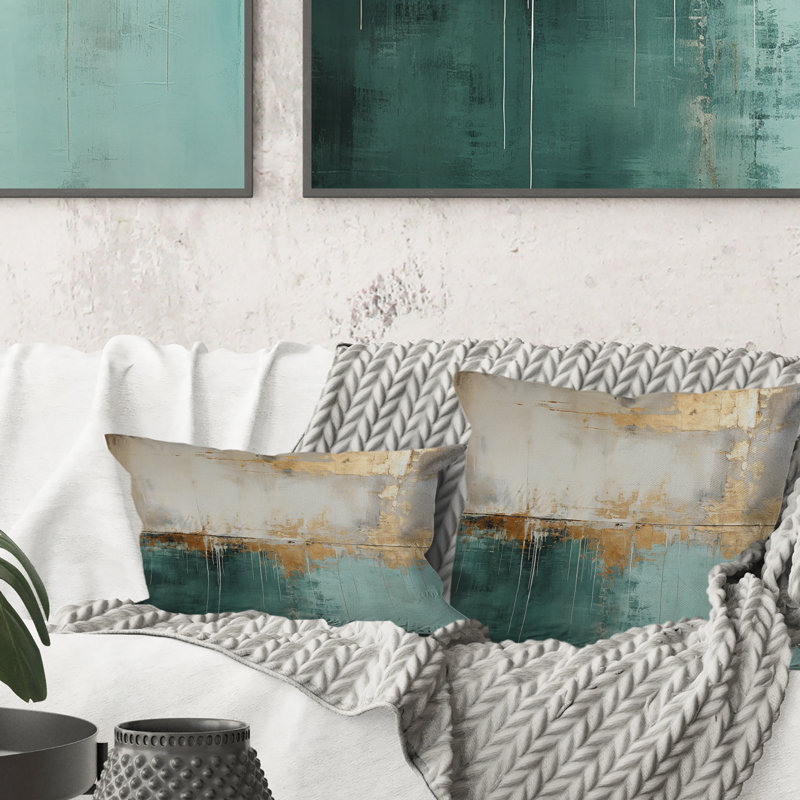 Minimalisme, horizon doré et sarcelle - Coussin décoratif avec peinture abstraite