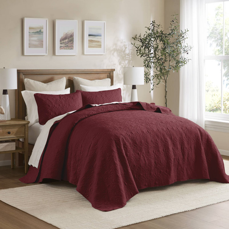 Ensemble de couvre-lit réversible Québec, Couvre-lit de très grande taille et 2 taies déco, Rouge