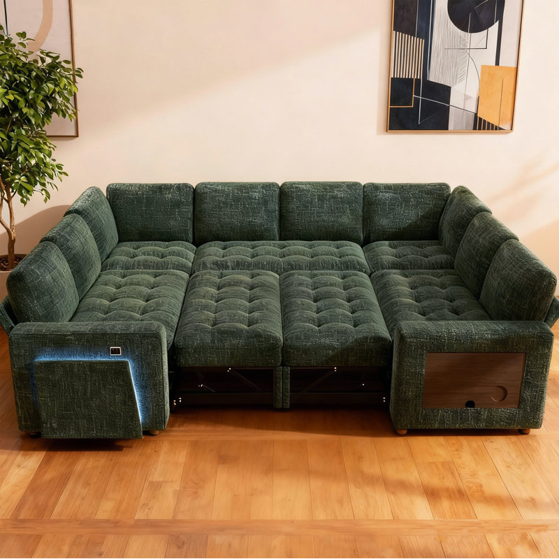 102Inch U-Shaped 8-Seater Sleeper Sofa, Chenille Fabric, Adjustable Backrest 100°-160°, Pull-Out Beds & Storage, Usb Charging, Led Night Light, Foldable Side Table, Tool-Free Assembly